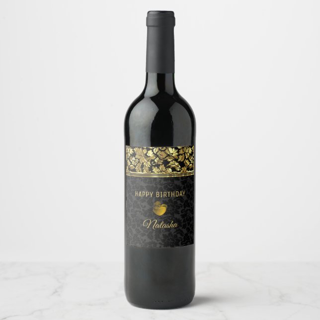 Gold & Black Damask Wine Label (Front)