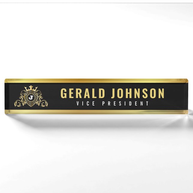 Gold-Black Desk Nameplate with Monogram (Front)
