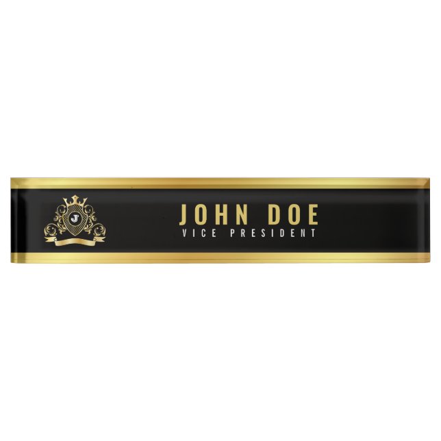 Gold-Black Desk Nameplate with Monogram (Front)