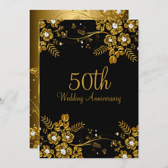 Gold Black Diamond Floral Swirl 50th Anniversary Invitation (Front/Back)