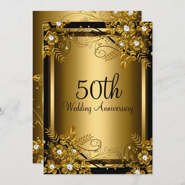 Gold Black Diamond Floral Swirl 50th Anniversary Invitation (Front/Back)
