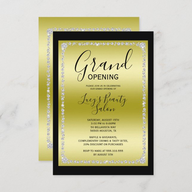 Gold & Black Diamond Framed Grand Opening Invitation (Front/Back)