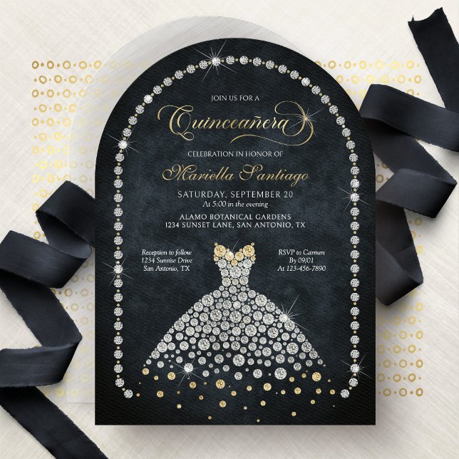 Gold Black Diamonds Elegant Quinceanera Invitation (Creator Uploaded)