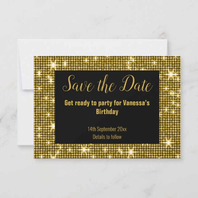 GOLD BLACK DISCO PARTY SAVE THE DATE BLACK ANNOUNCEMENT (Front)