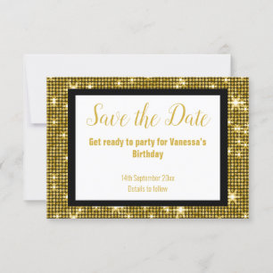 GOLD BLACK DISCO PARTY SAVE THE DATE White Announcement