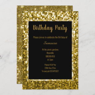 GOLD BLACK DISCO THEME SUPER SPARKLE BIRTHDAY BLK INVITATION