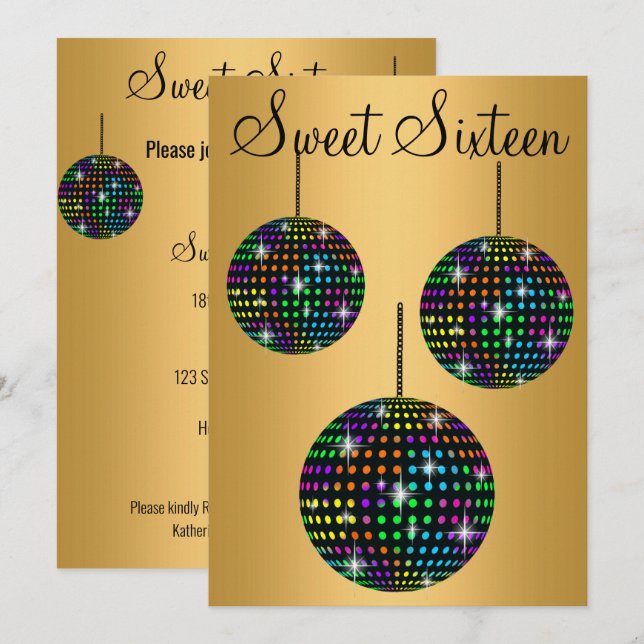 GOLD BLACK DISCOBALL  SWEET SIXTEEN PARTY INVITATION (Front/Back)