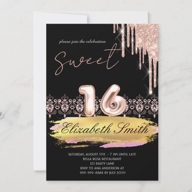  Gold-black elegance,  rose gold sweet sixteen    Invitation (Front)