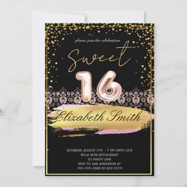  Gold-black elegance,  rose gold sweet sixteen    Invitation (Front)