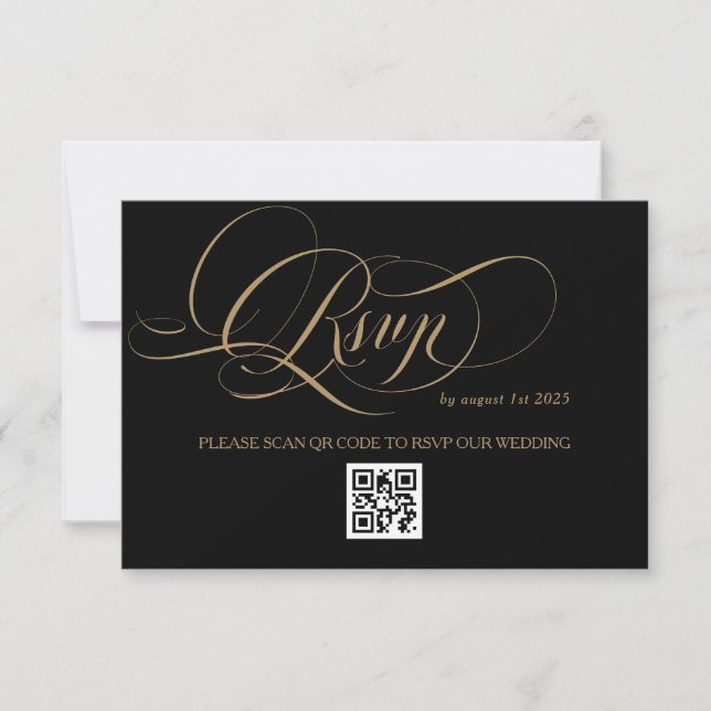 Gold Black Elegant Calligraphy Wedding RSVP Card (Front)