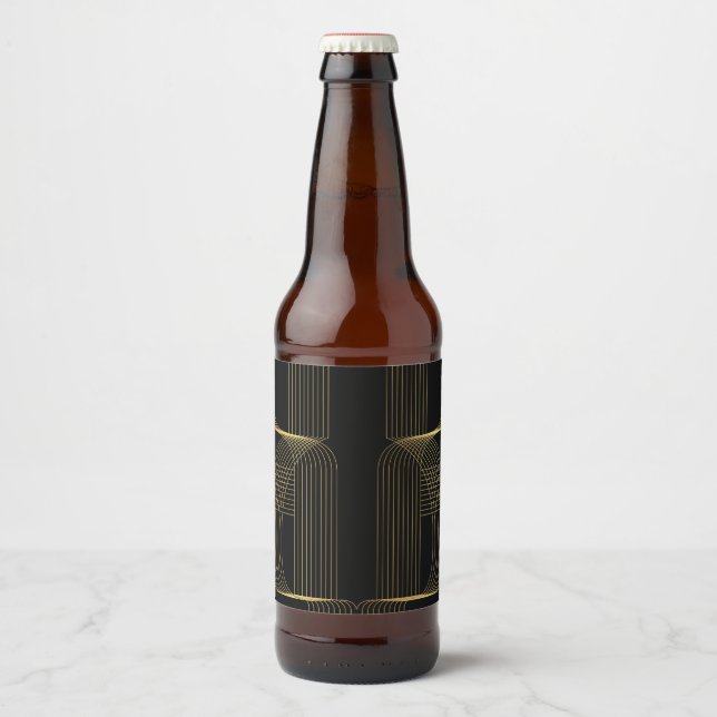 Gold, black, elegant, cool, unique trendy line art beer bottle label (Front)