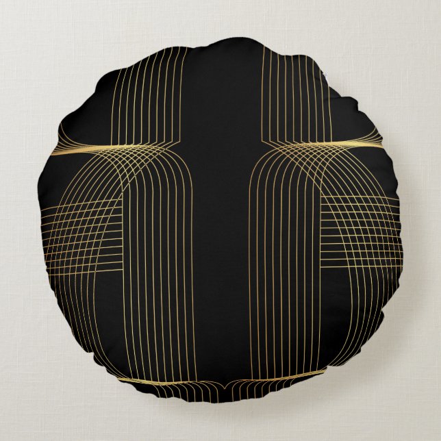 Gold, black, elegant, cool, unique trendy line art round cushion (Back)