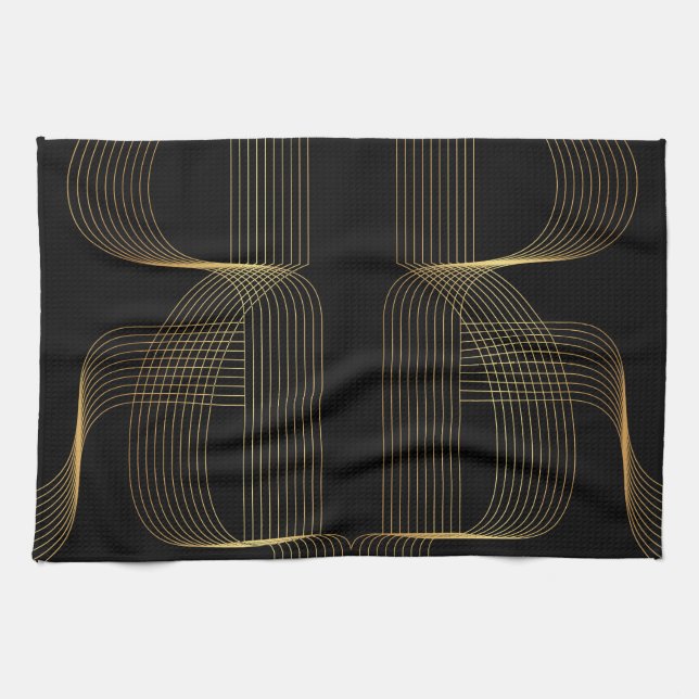 Gold, black, elegant, cool, unique trendy line art tea towel (Horizontal)