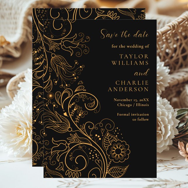 Gold Black Elegant Floral Wedding Save The Date (Creator Uploaded)