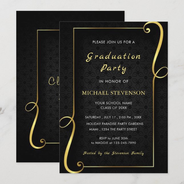 Gold Black Elegant Framed Graduation Invitation (Front/Back)