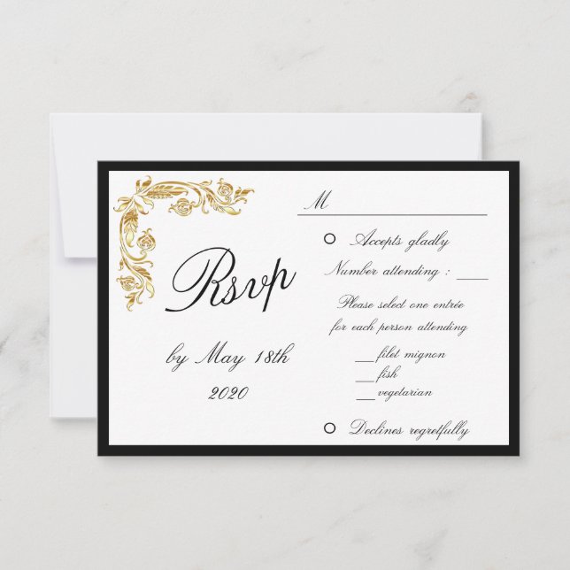 Gold Black Elegant Glamourous Wedding RSVP Card (Front)