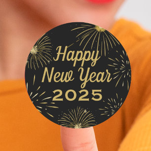 Gold Black Elegant Happy New Year Party Classic Round Sticker