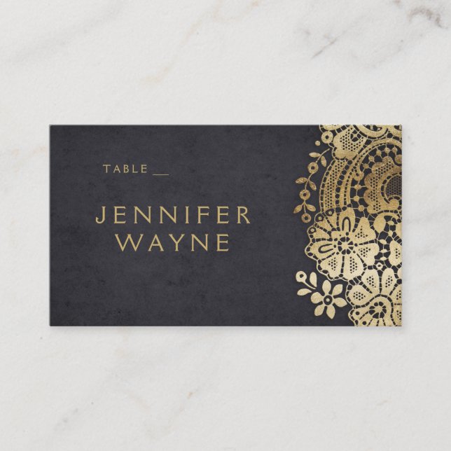 Gold black elegant lace wedding place cards (Front)
