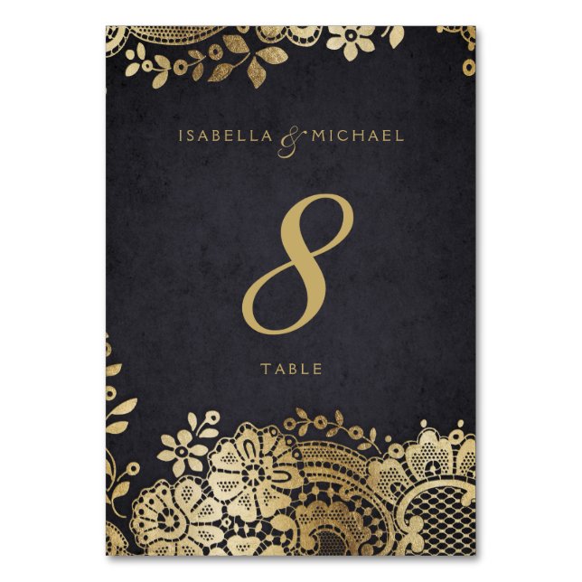 Gold black elegant lace wedding table card (Front)