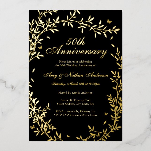 Gold Black Elegant Leaf 50th Wedding Anniversary  (Front)