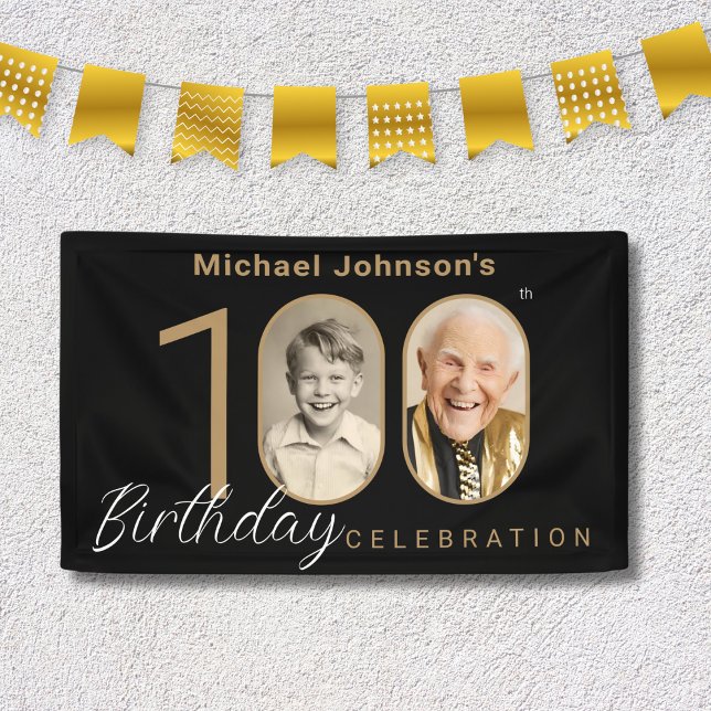 Gold Black Elegant Photo 100th Birthday Party Banner (Mockup View)