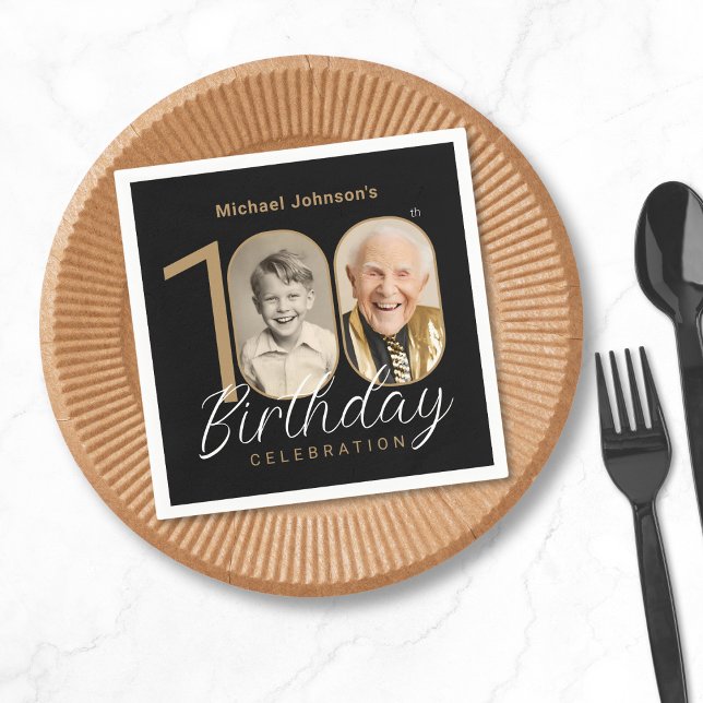 Gold Black Elegant Photo 100th Birthday Party Napkin (Mockup View)