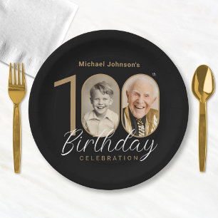 Gold Black Elegant Photo 100th Birthday Party Paper Plate