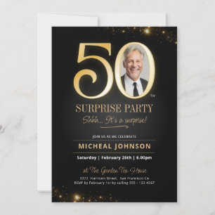 Gold Black Elegant Photo Surprise 50th Birthday Invitation