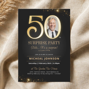 Gold Black Elegant Photo Surprise 50th Birthday Invitation