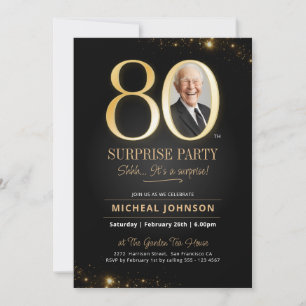 Gold Black Elegant Photo Surprise 80th Birthday Invitation
