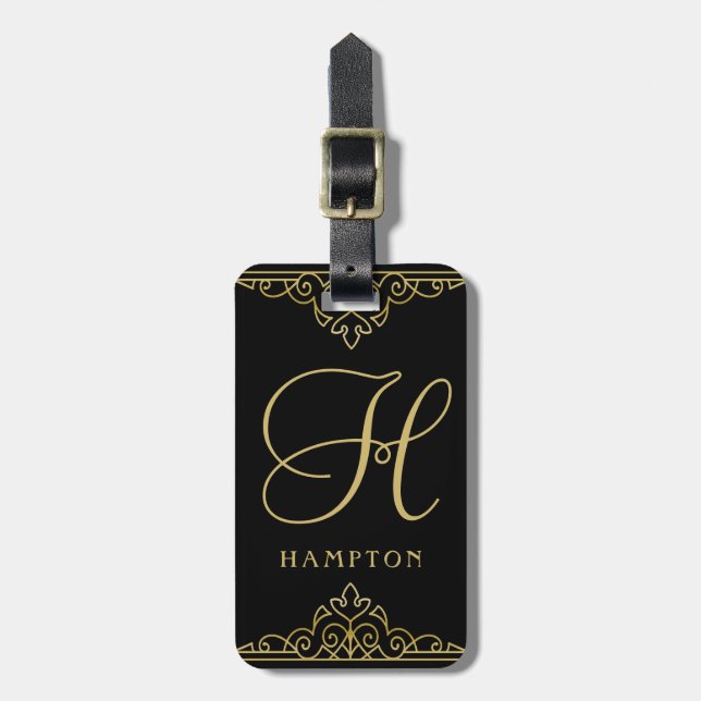 Gold Black Elegant Script Classy Monogrammed Luggage Tag (Front Vertical)