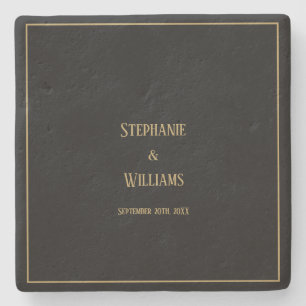 Gold Black Elegant Simple Name Wedding Gift Favour Stone Coaster