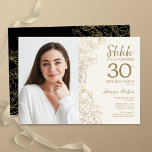 Gold Black Elegant Surprise Photo 30th Birthday Invitation<br><div class="desc">Floral gold cream and black surprise 30th birthday party invitation with your photo on the front of the card. Elegant modern design featuring botanical outline drawings accents and typography script font. Simple trendy invite card perfect for a stylish female bday celebration. Can be customised to any age. Printed Zazzle invitations...</div>