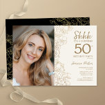 Gold Black Elegant Surprise Photo 50th Birthday Invitation<br><div class="desc">Floral gold cream and black surprise 50th birthday party invitation with your photo on the front of the card. Elegant modern design featuring botanical outline drawings accents and typography script font. Simple trendy invite card perfect for a stylish female bday celebration. Can be customised to any age. Printed Zazzle invitations...</div>