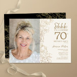 Gold Black Elegant Surprise Photo 70th Birthday Invitation<br><div class="desc">Floral gold cream and black surprise 70th birthday party invitation with your photo on the front of the card. Elegant modern design featuring botanical outline drawings accents and typography script font. Simple trendy invite card perfect for a stylish female bday celebration. Can be customised to any age. Printed Zazzle invitations...</div>