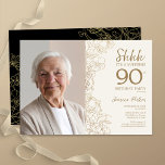 Gold Black Elegant Surprise Photo 90th Birthday Invitation<br><div class="desc">Floral gold cream and black surprise 90th birthday party invitation with your photo on the front of the card. Elegant modern design featuring botanical outline drawings accents and typography script font. Simple trendy invite card perfect for a stylish female bday celebration. Can be customised to any age. Printed Zazzle invitations...</div>