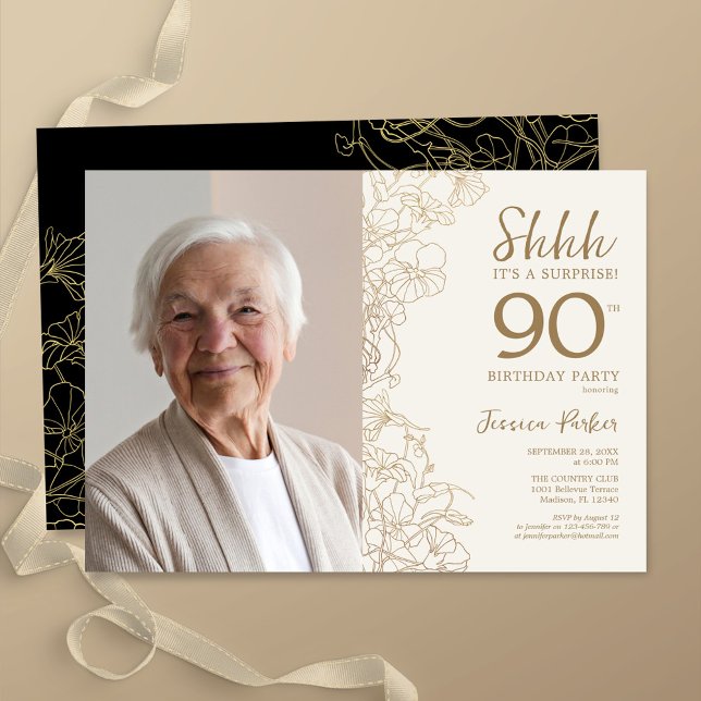 Gold Black Elegant Surprise Photo 90th Birthday Invitation (Creator Uploaded)