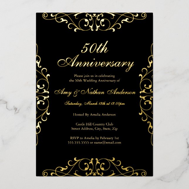 Gold Black Elegant Swirl 50th Wedding Anniversary (Front)