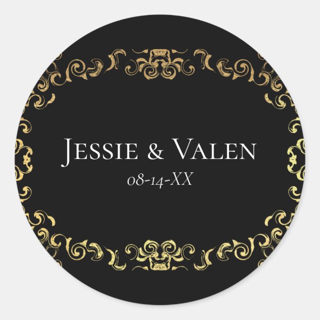 Gold Black Elegant Swirl Gothic Wedding Classic Round Sticker (Front)