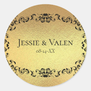 Gold Black Elegant Swirl Gothic Wedding Classic Round Sticker