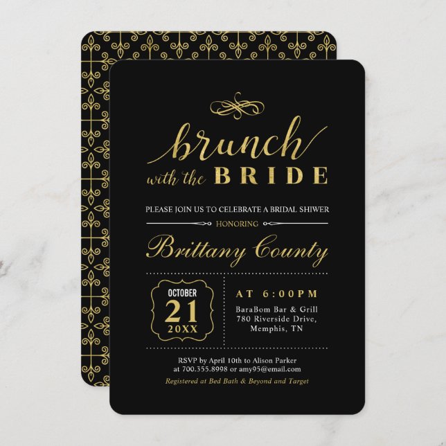 Gold & Black | Elegant Wedding Bridal Brunch Invitation (Front/Back)