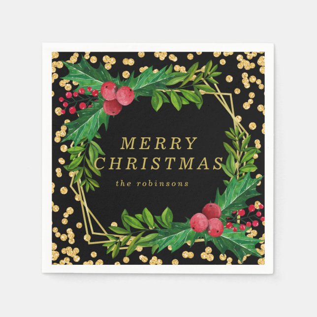 Gold Black Family Christmas Party Holly Glitter Napkin (Front)
