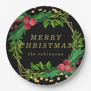 Gold Black Family Merry Christmas Holly Glitter Paper Plate