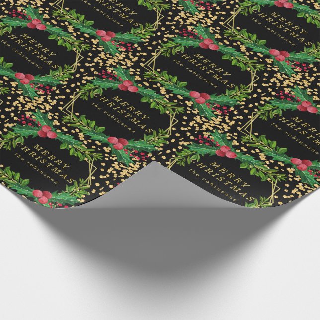 Gold Black Family Merry Christmas Holly Glitter Wrapping Paper (Corner)