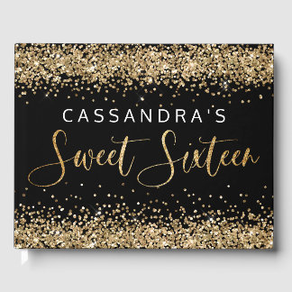 Gold Black Faux Glitter Sweet Sixteen Guest Book
