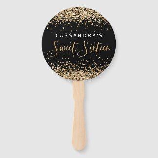Gold Black Faux Glitter Sweet Sixteen Hand Fans