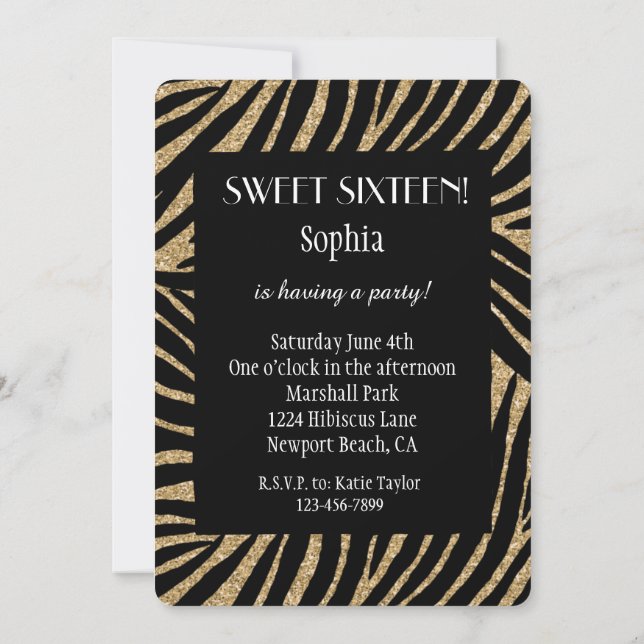 Gold black Faux Glitter Zebra Sweet Sixteen  Invitation (Back)