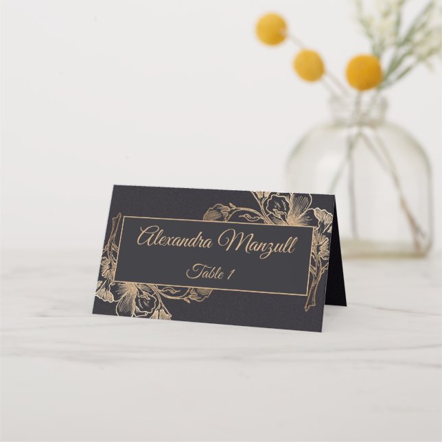 Gold Black Faux Metal Floral Design Wedding  Place Card (Front)