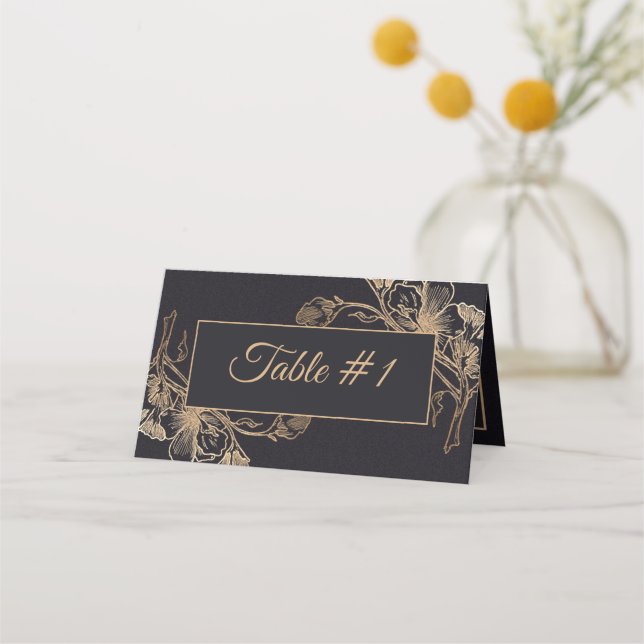 Gold Black Faux Metallic Floral Design Wedding  Place Card (Front)