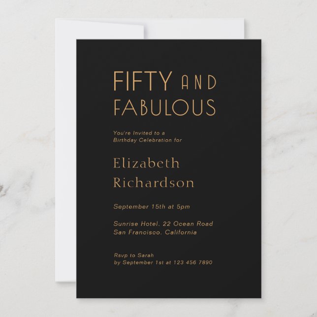 Gold Black Fifty and Fabulous 50th Birthday Party  Invitation (Front)